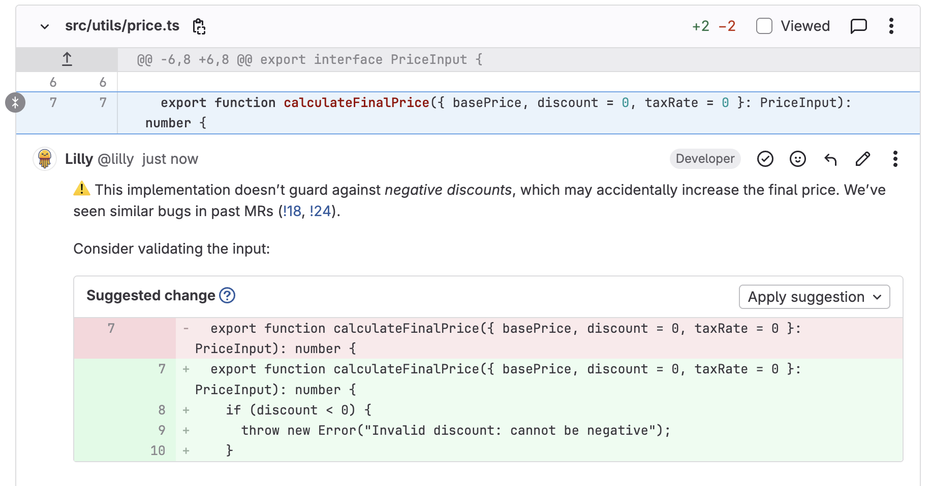 Lilly AI code review interface showing intelligent code analysis and suggestions for a calculateFinalPrice function